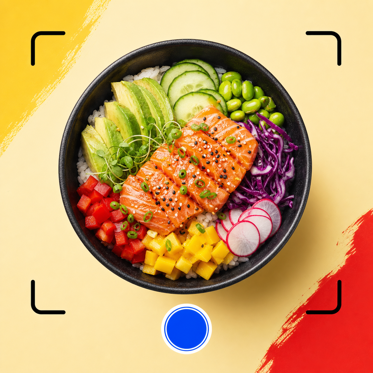 Salmon bowl framed for a MealLens photo
