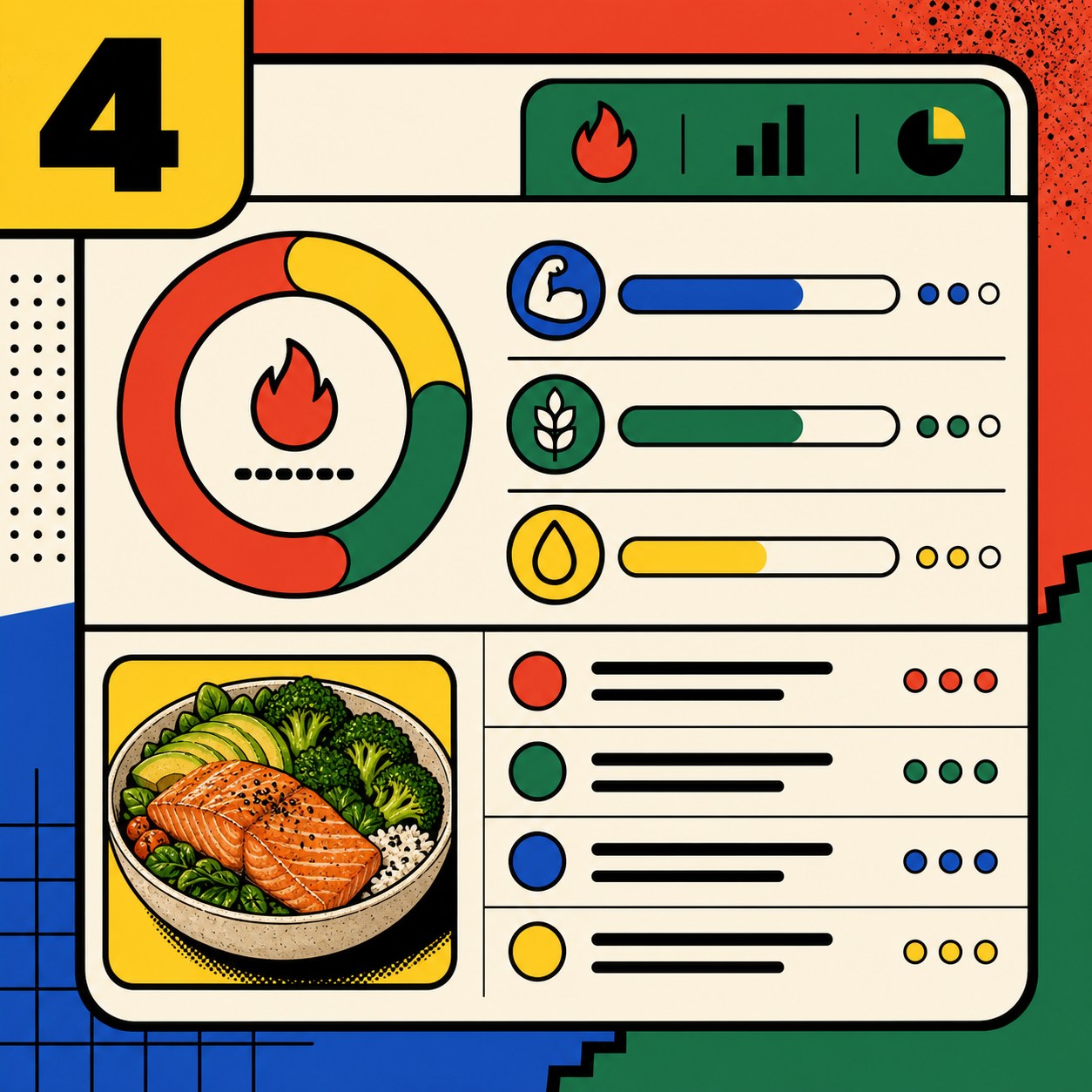 Daily nutrition dashboard with progress and macro bars